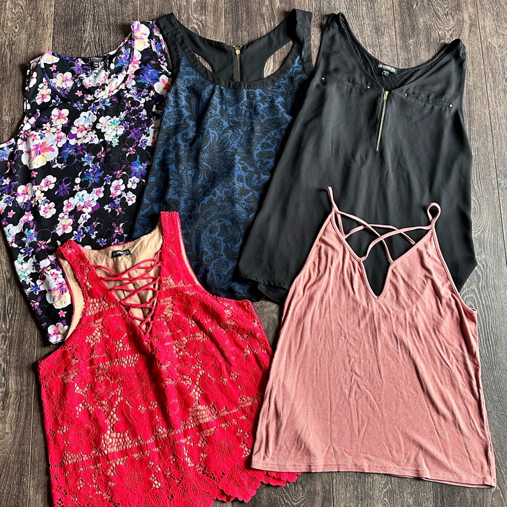 Express Women's Tank Tops in Floral, Black, Red, and Pink lot of 6 size Lg